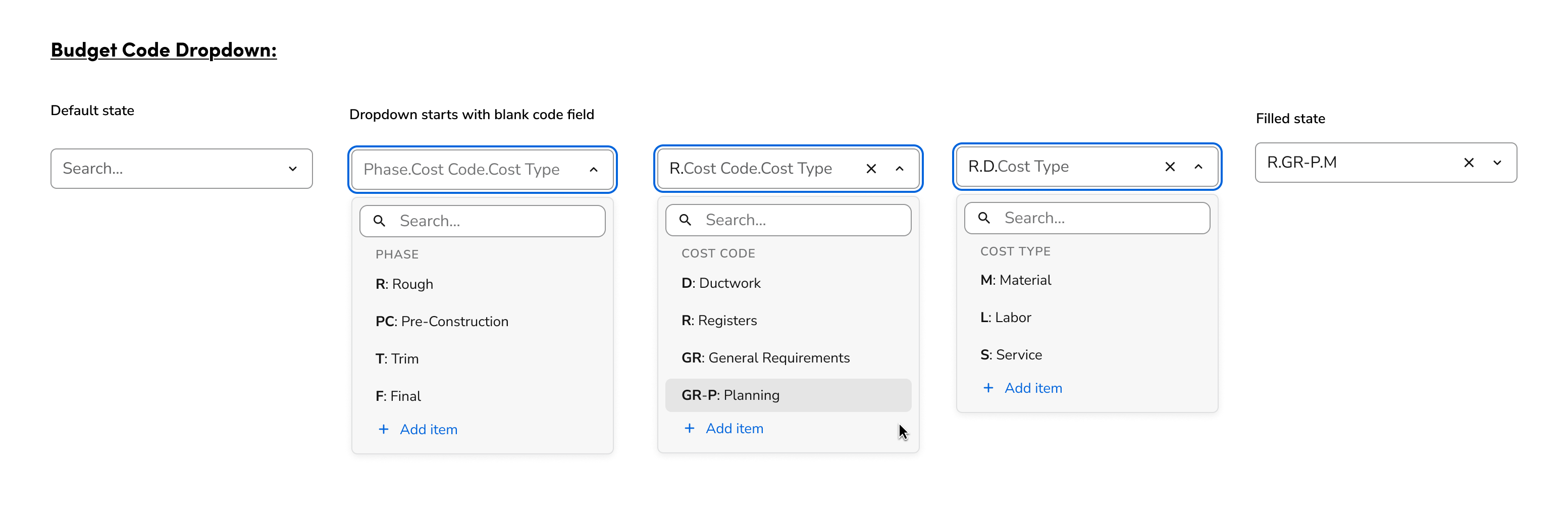 Single budget code selector component