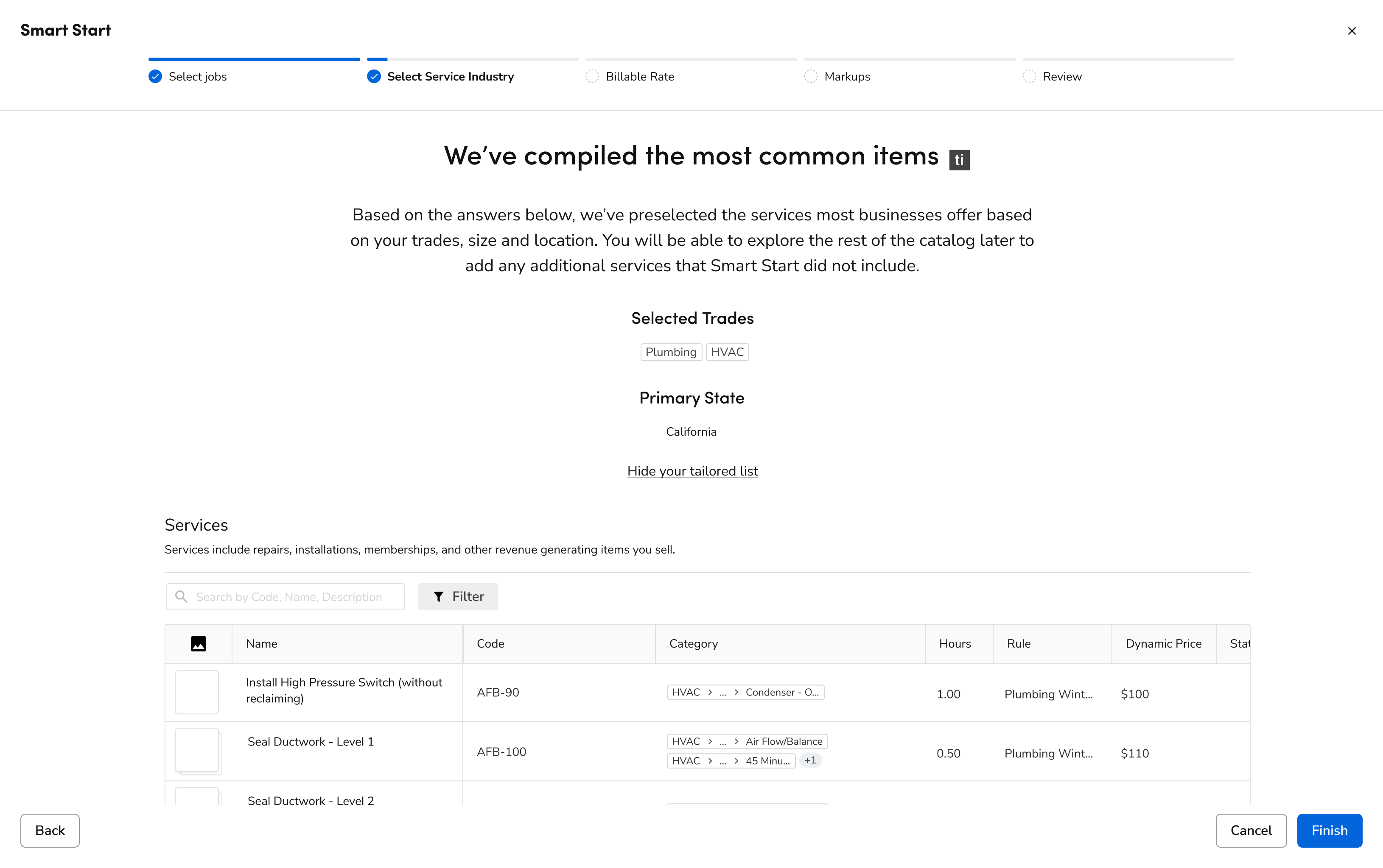 Catalog step in the Smart Start setup flow
