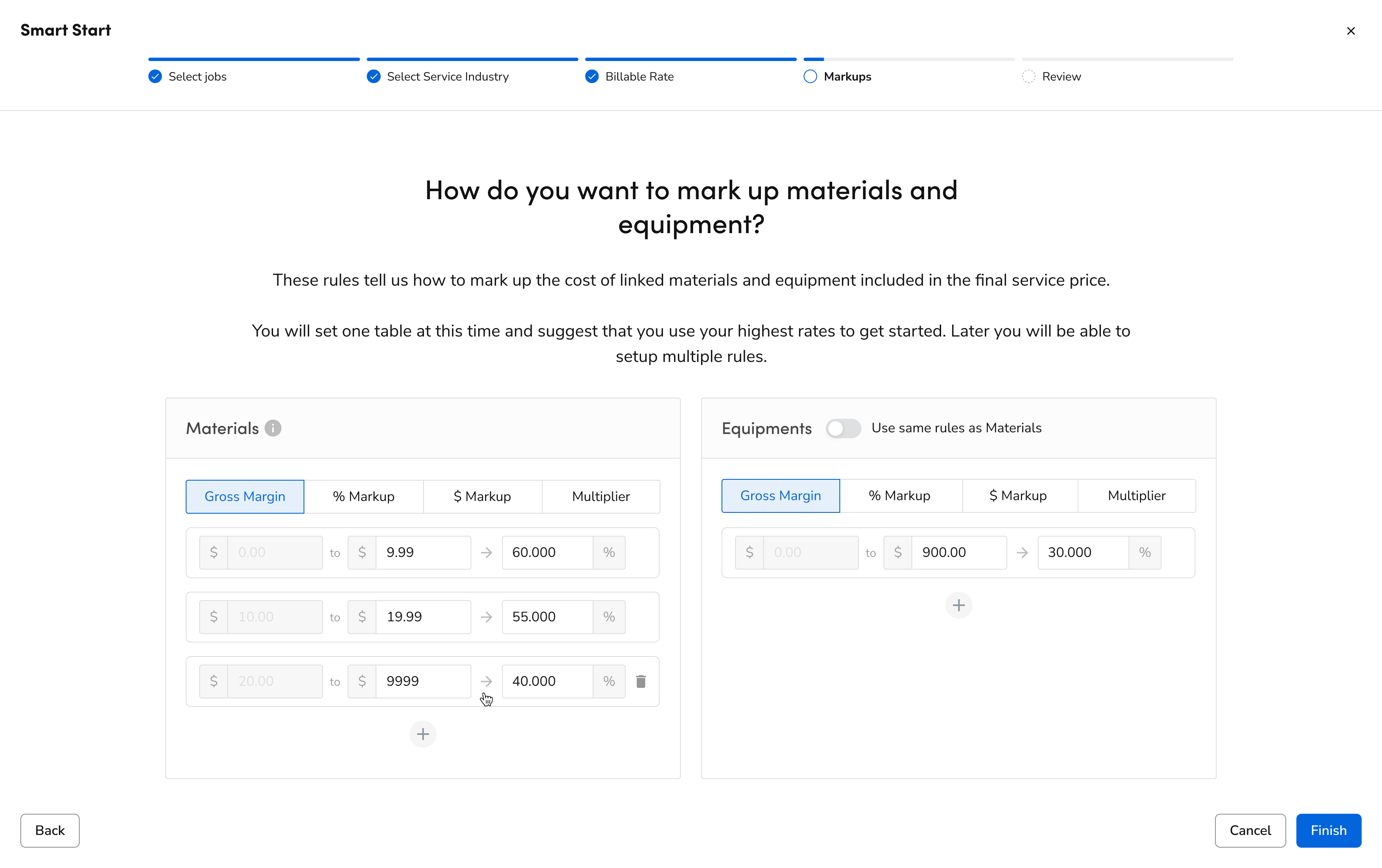 Markups step in the Smart Start setup flow