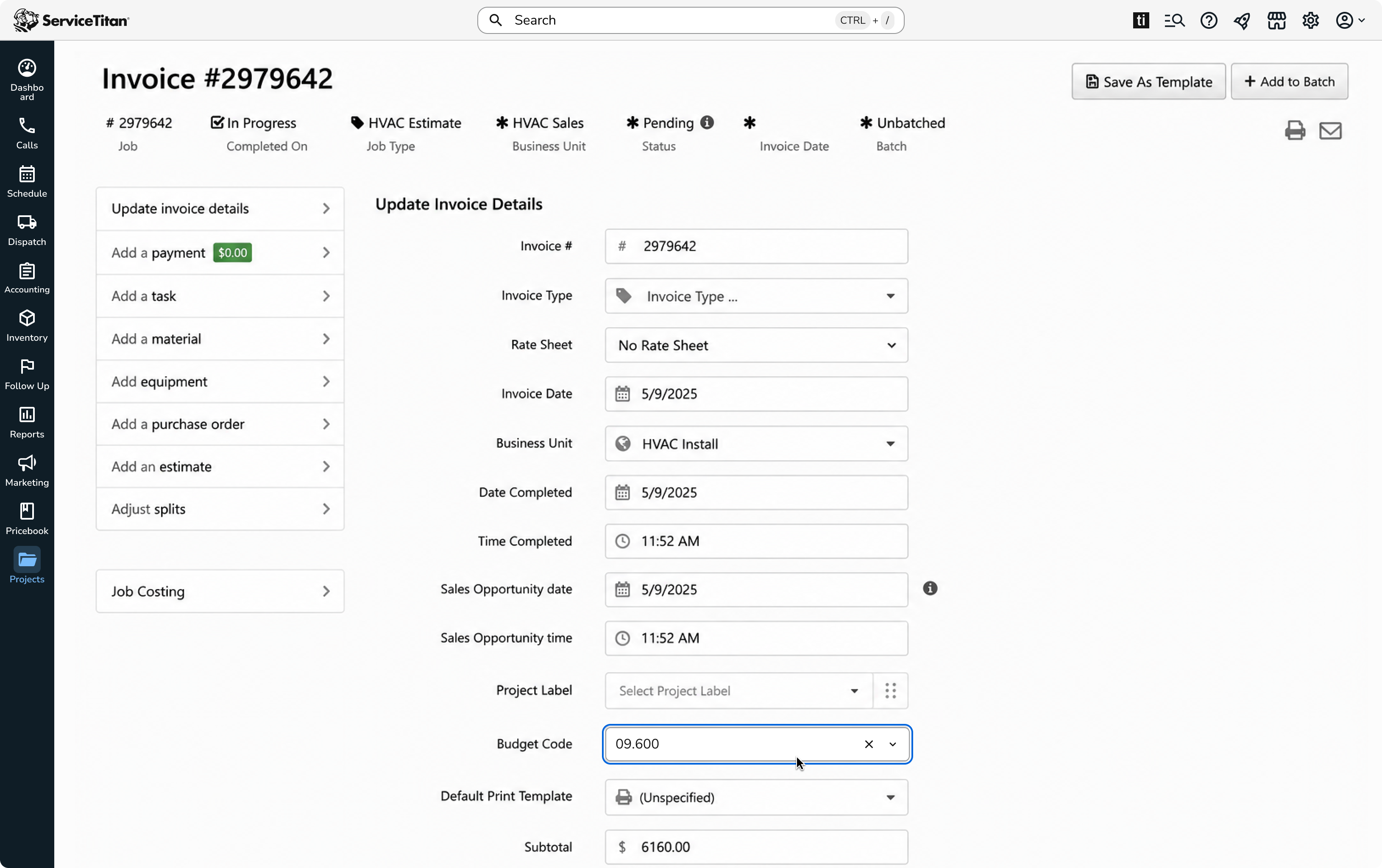 Budget code usage in a workflow